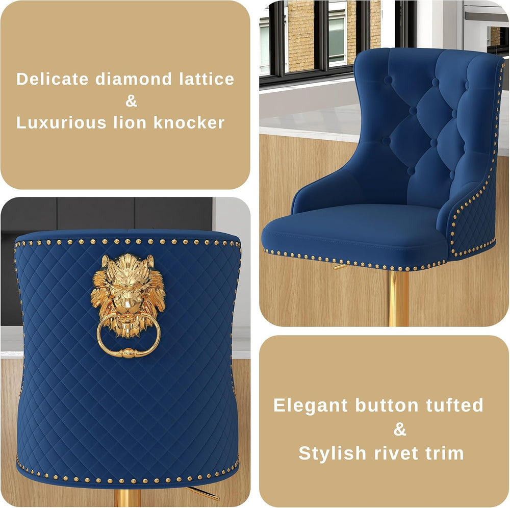 Velvet Bar Stools Set of 4, Adjustable Height, Gold Metal Base, Blue