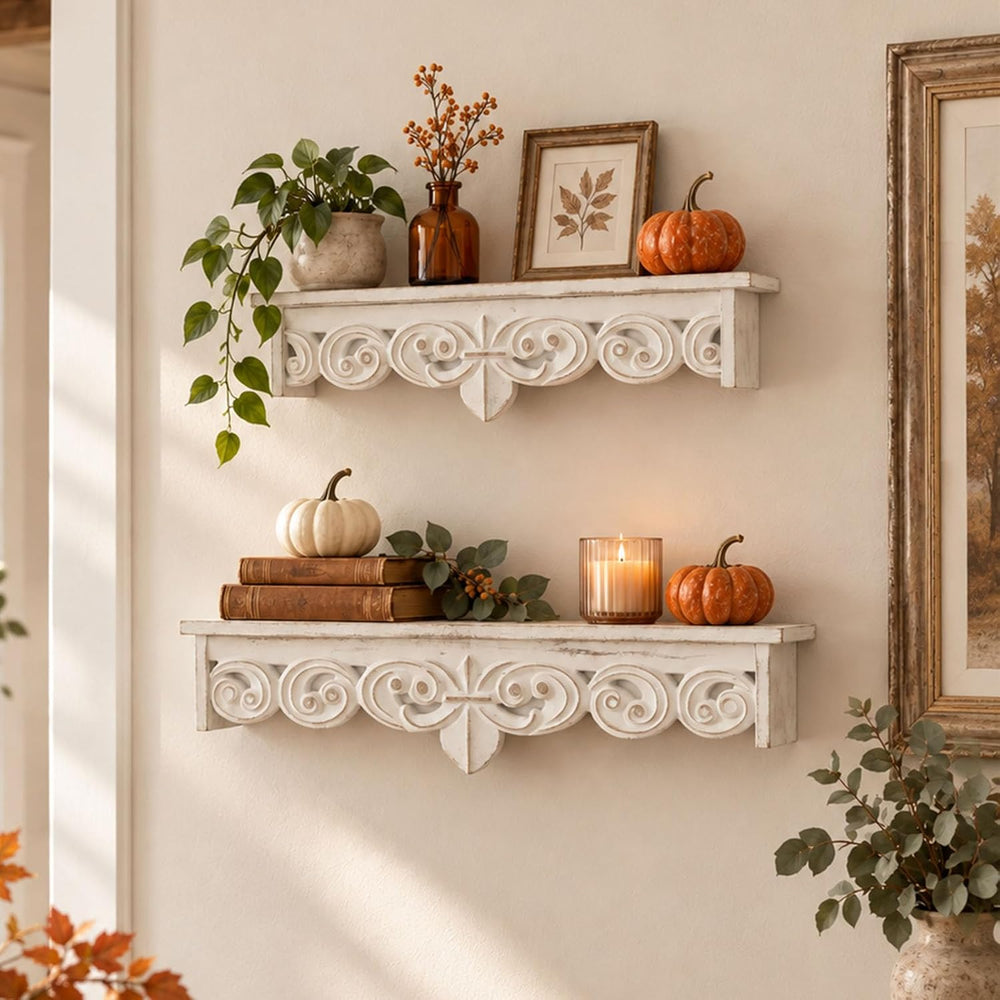 Whitewashed Floating Wall Shelves: Wood Carved Corbel Details