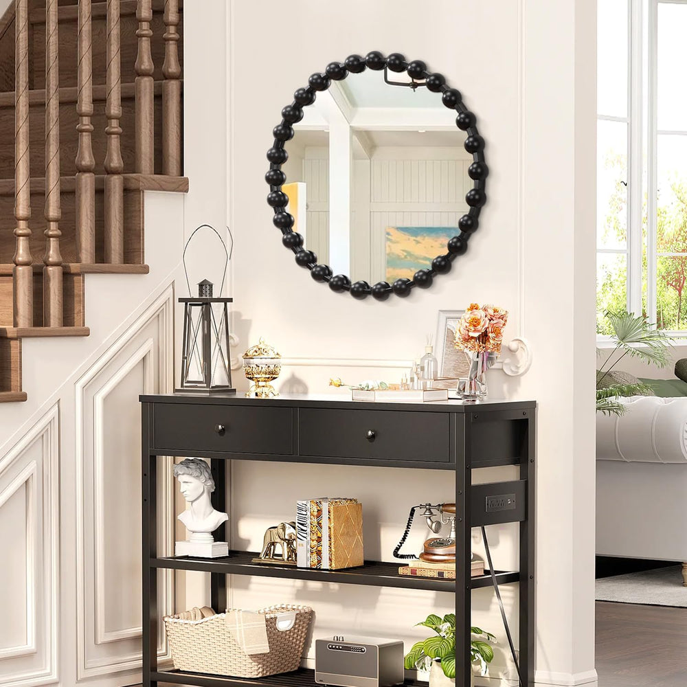 AAZZKANG Round Wall Mirror Black Metal Beaded Framed Large 20"