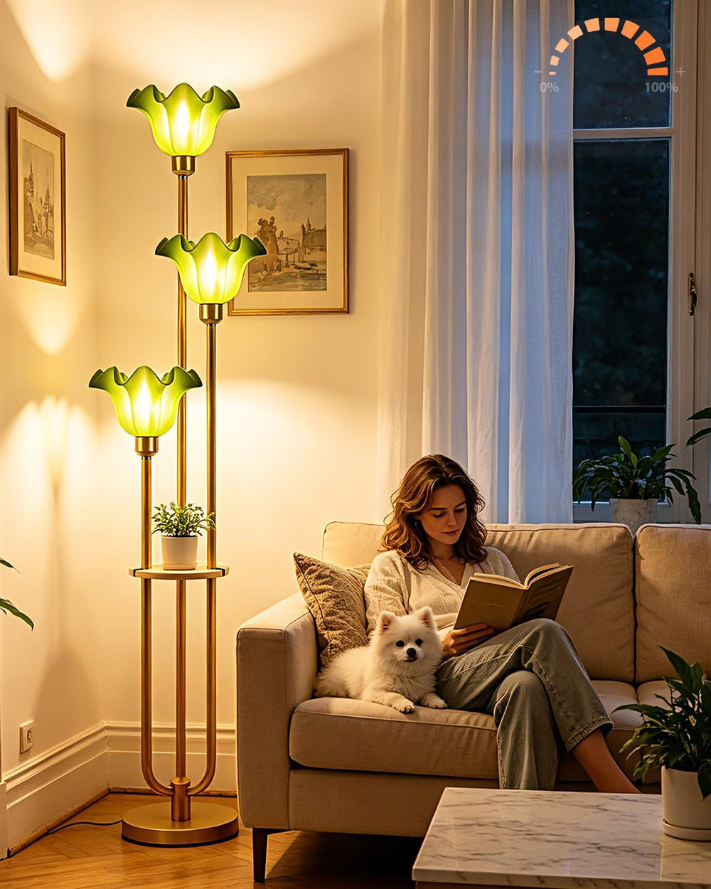 Green Flower Floor Lamp for Living Room, Mid Century Modern Floor Lamp Dimmab...
