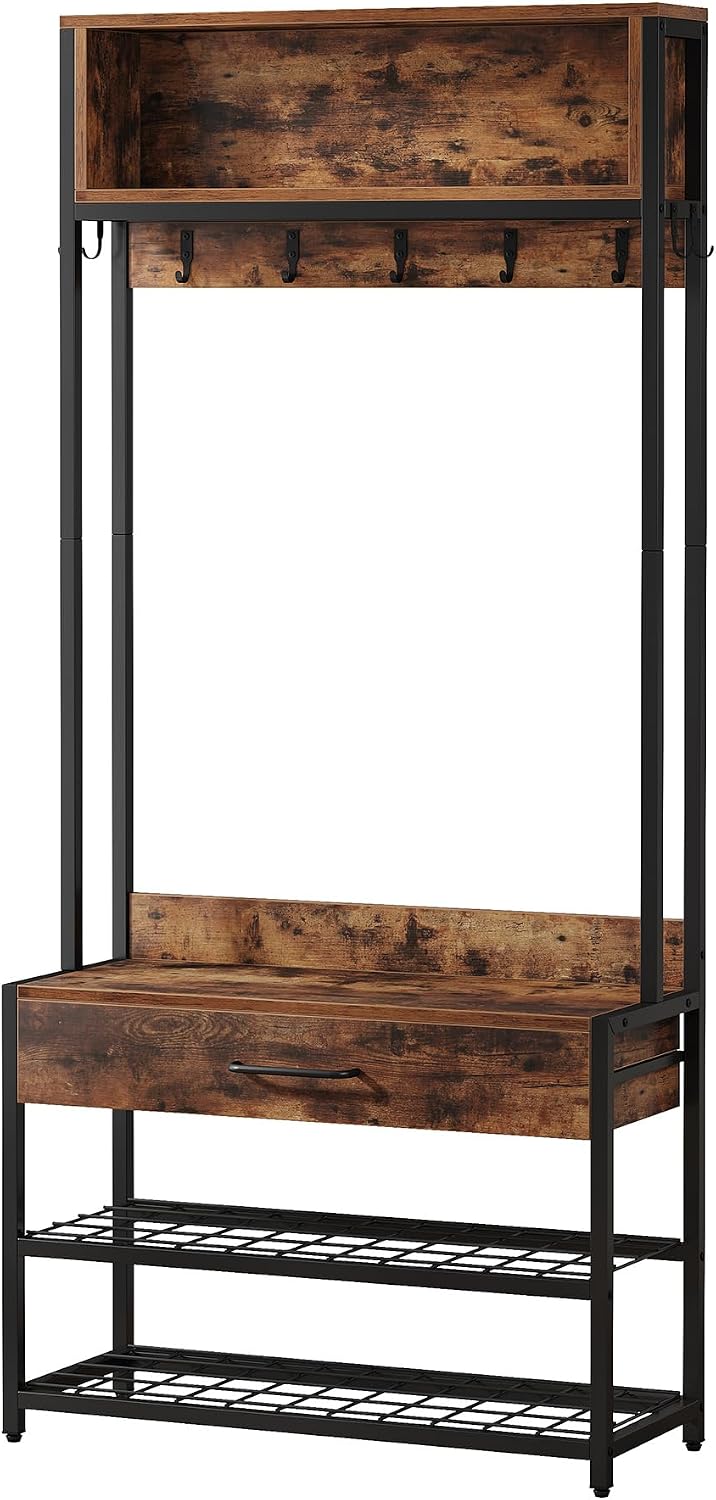Tribesigns 3-in-1 Entryway Hall Tree with Shoe Bench and Hutch, Brown