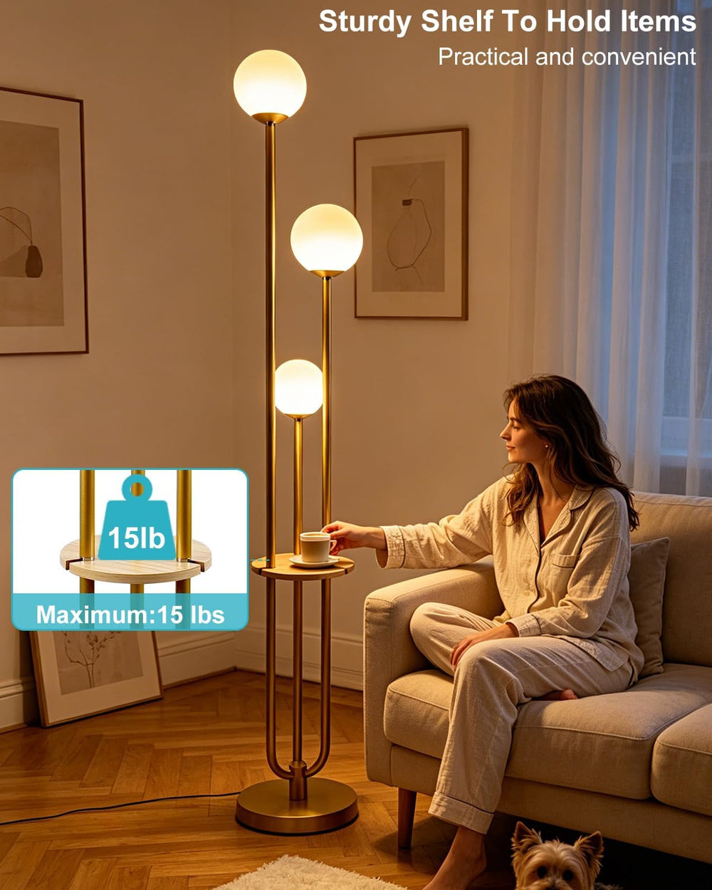63IN Dimmable Gold Floor Lamp with Shelf Mid Century Standing Lamps with 3000...