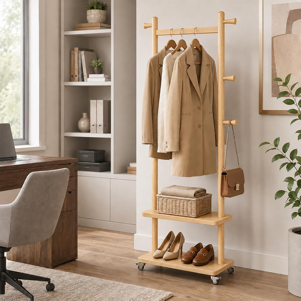 Taitiy Coat Rack Freestanding Solid Wood Clothes Rack with Wheels