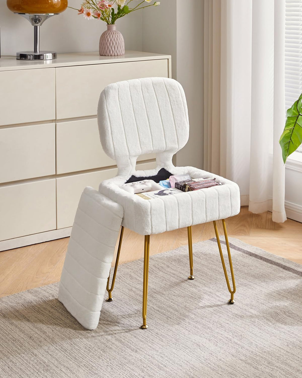 IBUYKE Vanity Stool with Storage, Folding Back Makeup Chair, White WBD030W