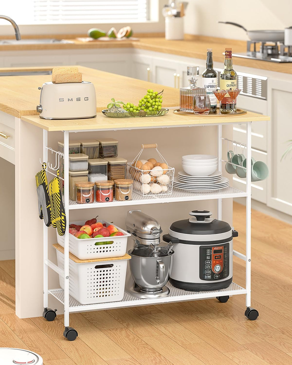 Kitchen Island with 3 Shelves, Rolling Kitchen Cart with 6 Hooks and Protecti...
