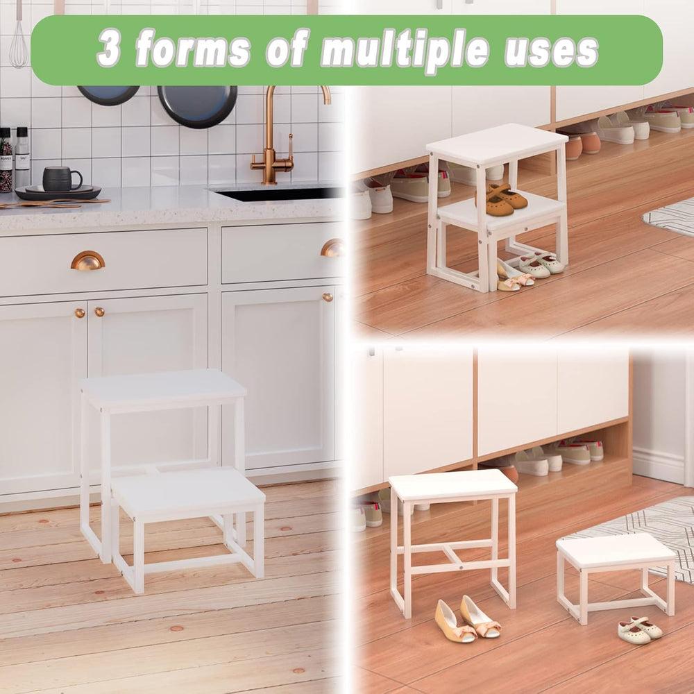 2 Step Stool for Adults Wooden Step Stool with 500 Lbs, White