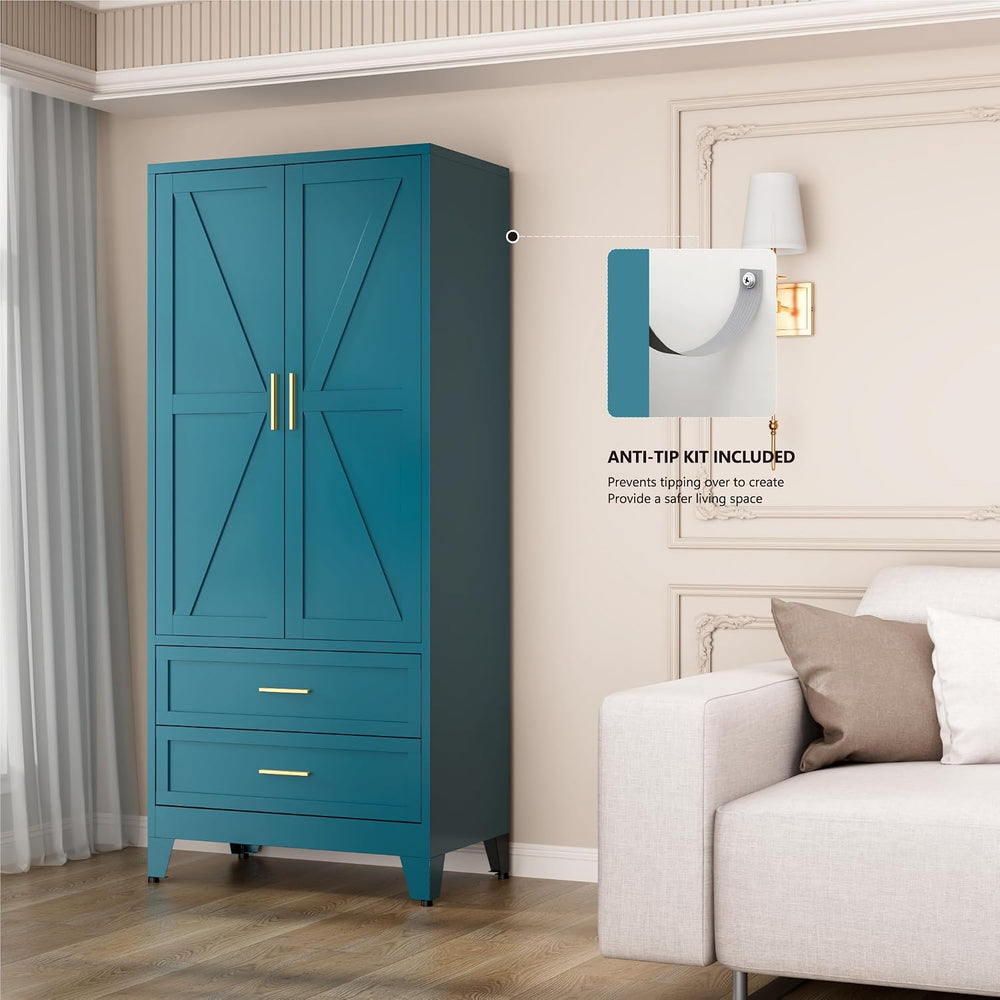 Metal Wardrobe Closet with Doors, 71" Tall Armoire Wardrobe with 2 Drawe...