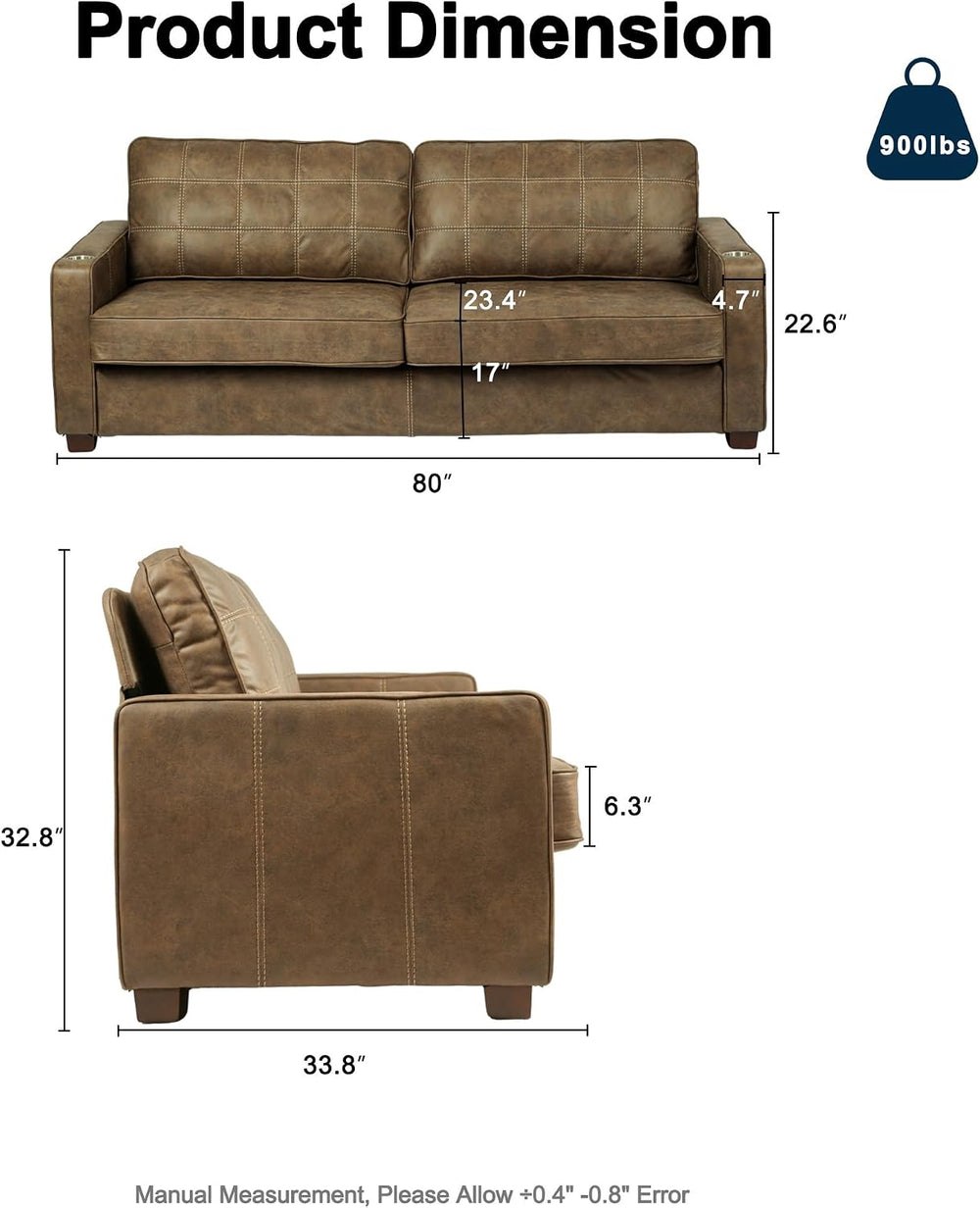 Ribilake 80 Inch Brown Faux Leather Sofa Couch (2 Sets)