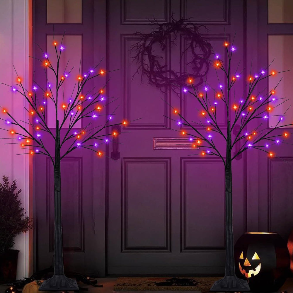 2 Pack 4FT Halloween Lighted Black Tree with 100 LED Orange & Purple Lights