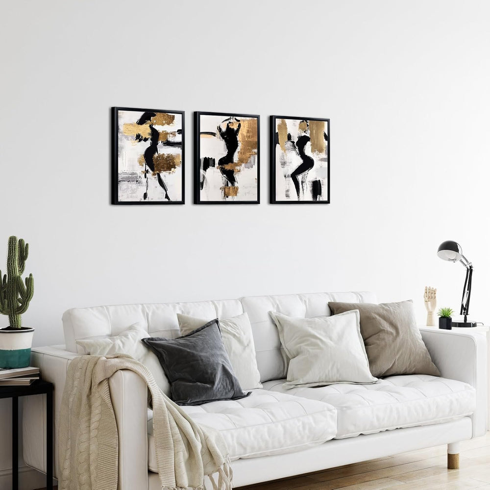LevvArts Black and Gold Bathroom Decor Abstract Women Wall Art Set of 3 Black...