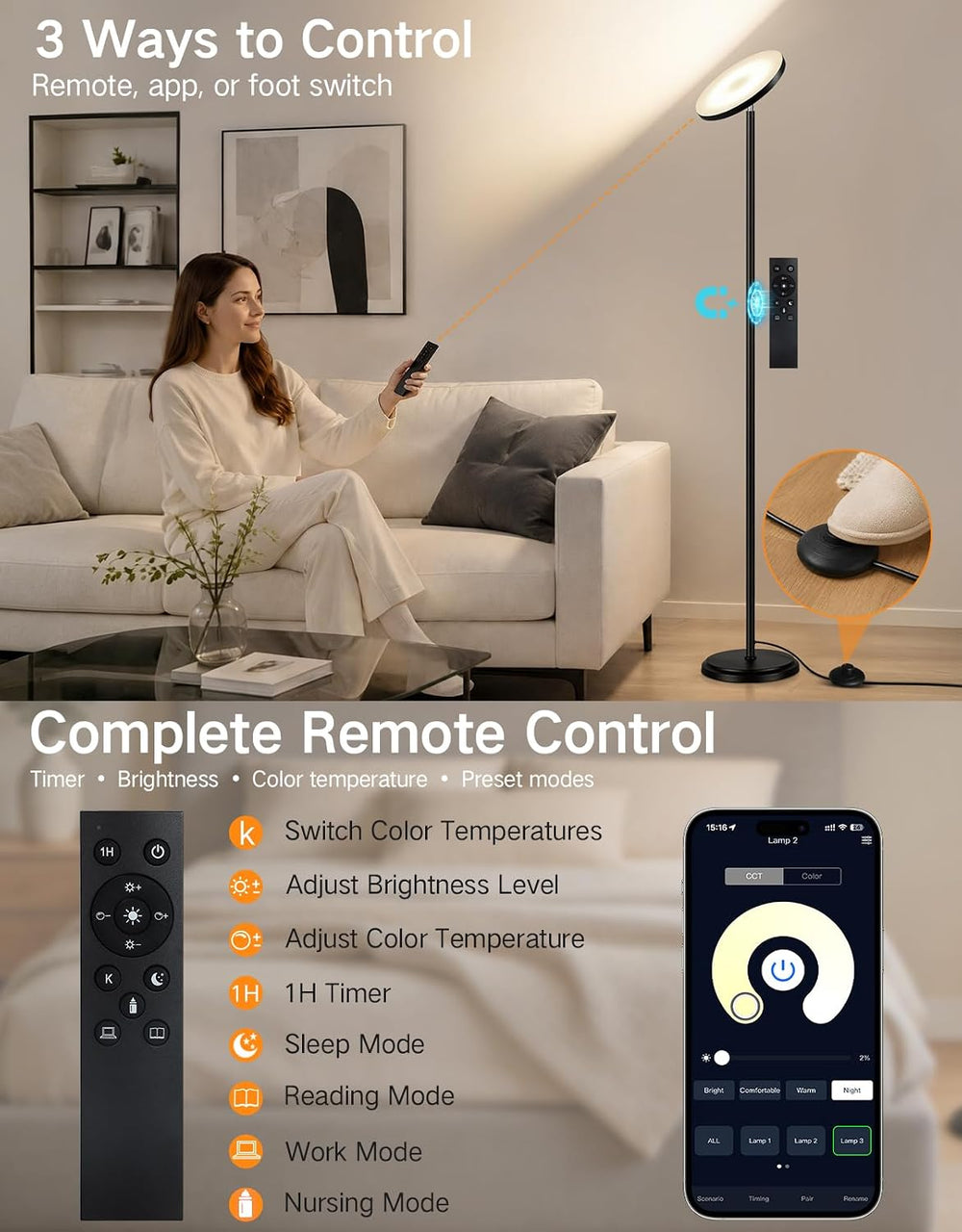 OUTON 69" LED Floor Lamp, Dimmable Torchiere Floor Lamp with Remote, Black