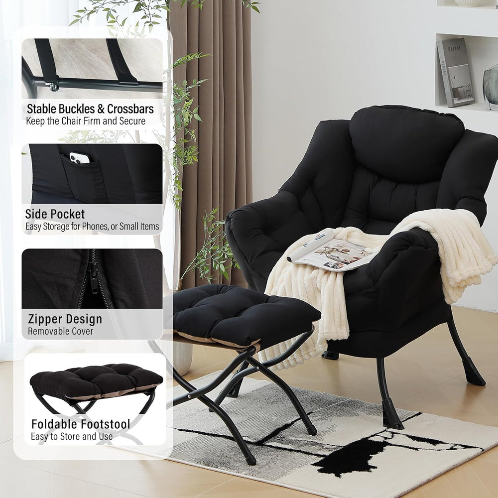 Furlide Lazy Chair with Ottoman, Soft Comfy Chair for Bedroom, Black