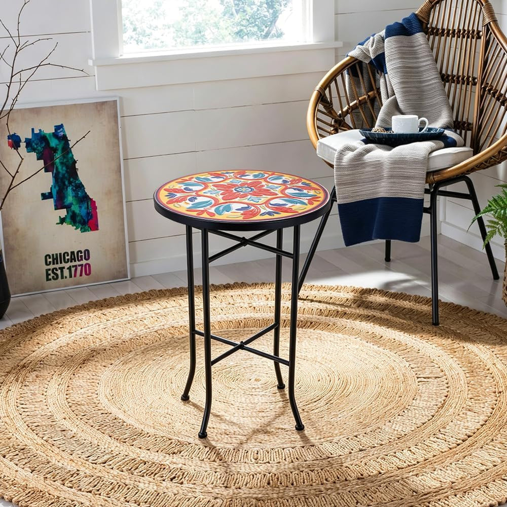 14 Inch Mosaic Patio Round Side Table with X-Straight Legs