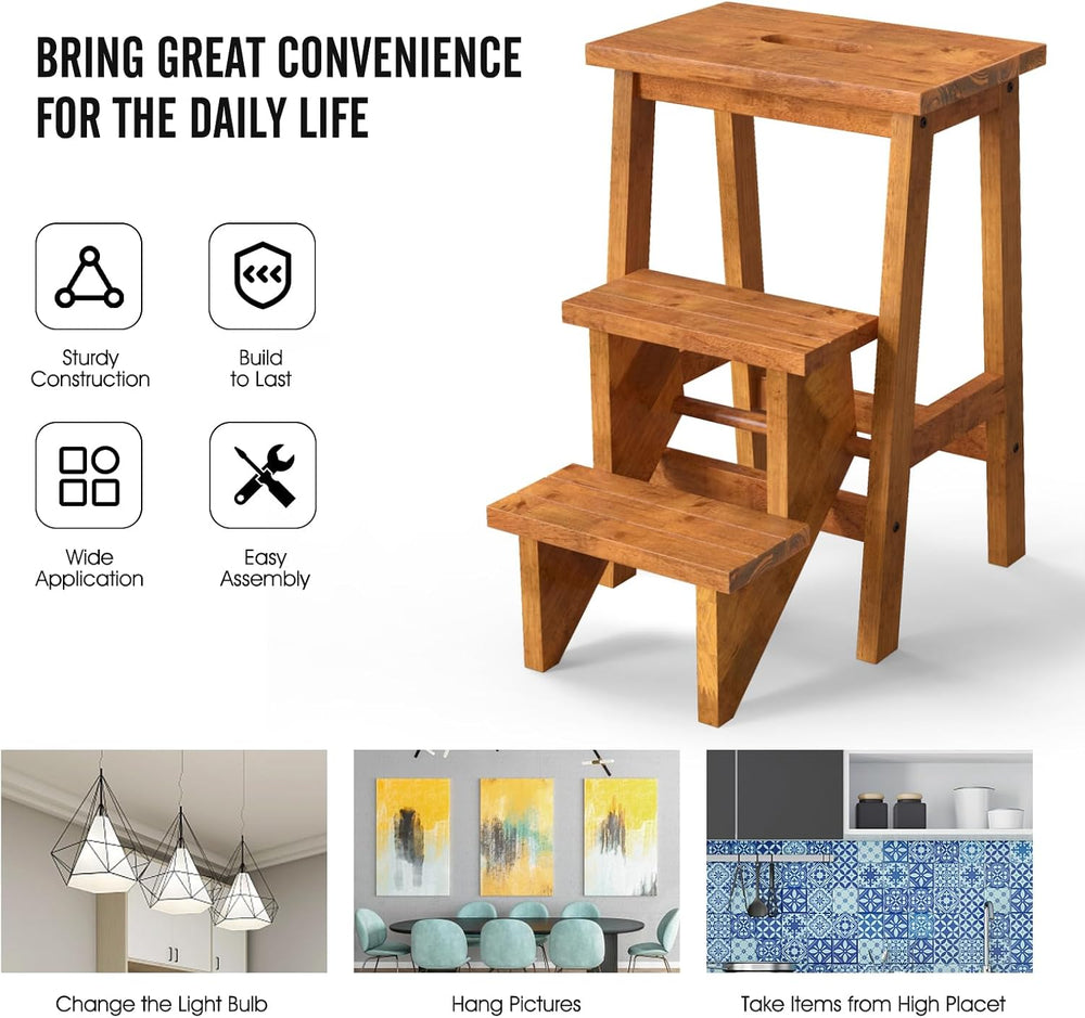 Giantex Folding 3 Tier Step Ladder, Multifunction 3-in-1 Wood Step Stool with...