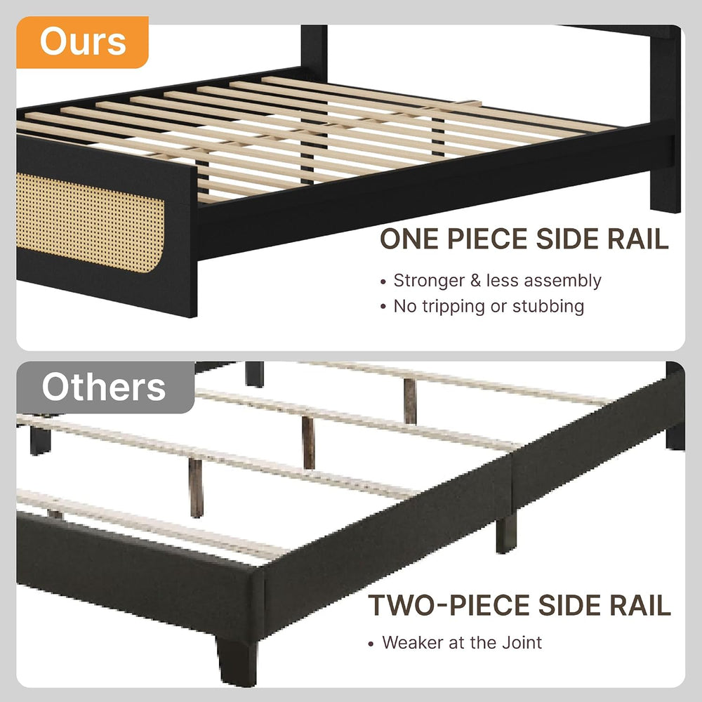 KISLOT Rattan Bed Frame with 2 Nightstands, Boho Platform, Black, Queen