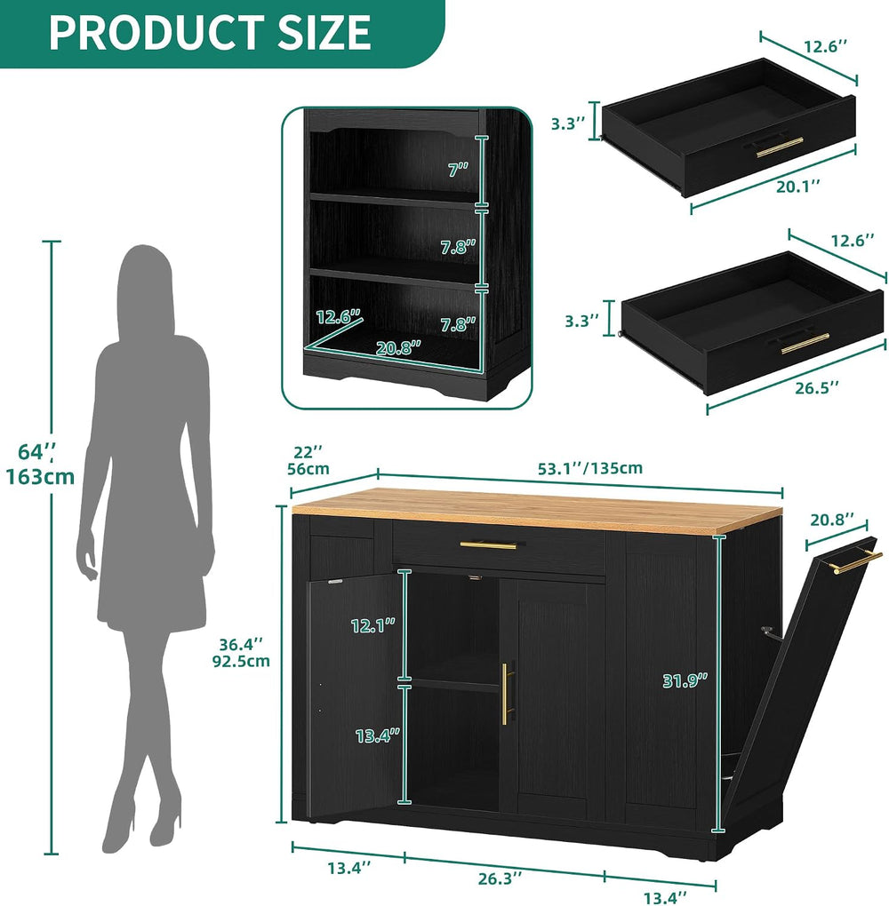 YITAHOME 53 Inch Movable Kitchen Island with Trash Can Storage Cabinet