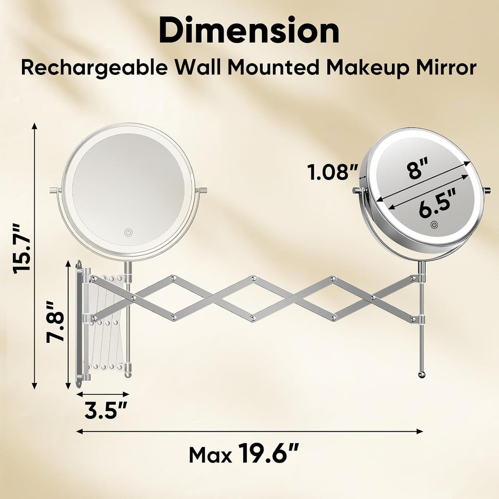 8" Rechargeable Wall Mounted Makeup Mirror Double Sided Magnifying
