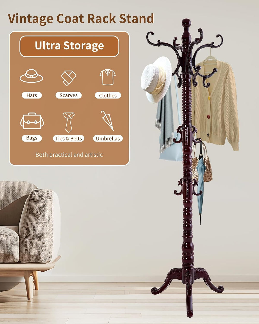 EZIVIEZ Coat Rack Vintage Solid Wood Coat Rack Freestanding with 14 Hooks