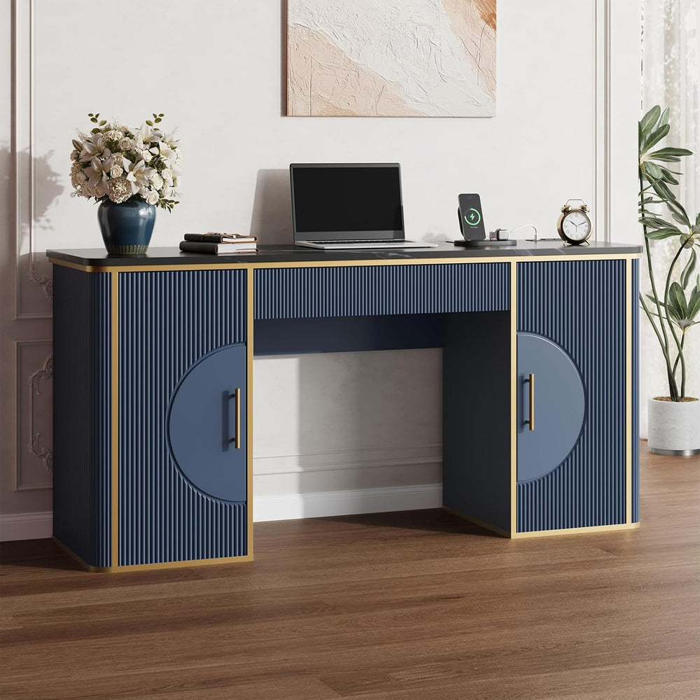 60" Fluted Computer Desk, Wooden Long Home Office Writing Desk with Draw...