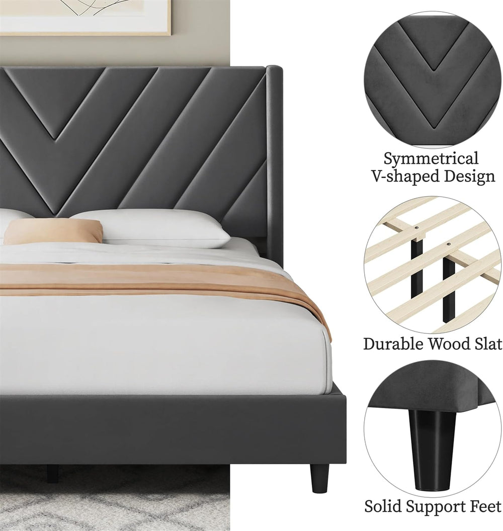 Yaheetech Queen Bed Frame with Chevron Channel-Tufted Headboard, Deep Gray
