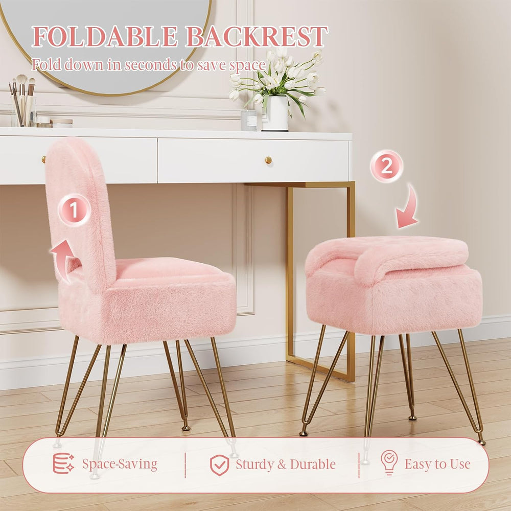 Pink Faux Fur Vanity Chair with Storage and Foldable Backrest