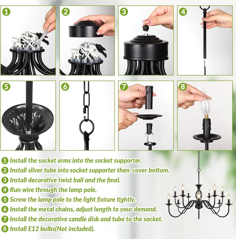 VerRon Matte Black 12-Light Farmhouse Candle Chandelier for Dining Room