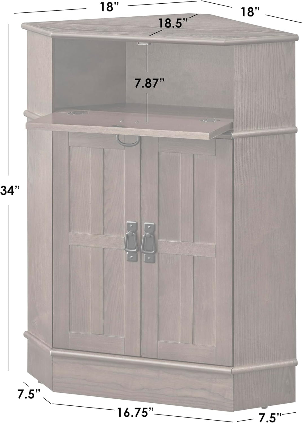 Mission Corner Cabinet with Drawer, Double Doors & Elegant Black Metal Ha...