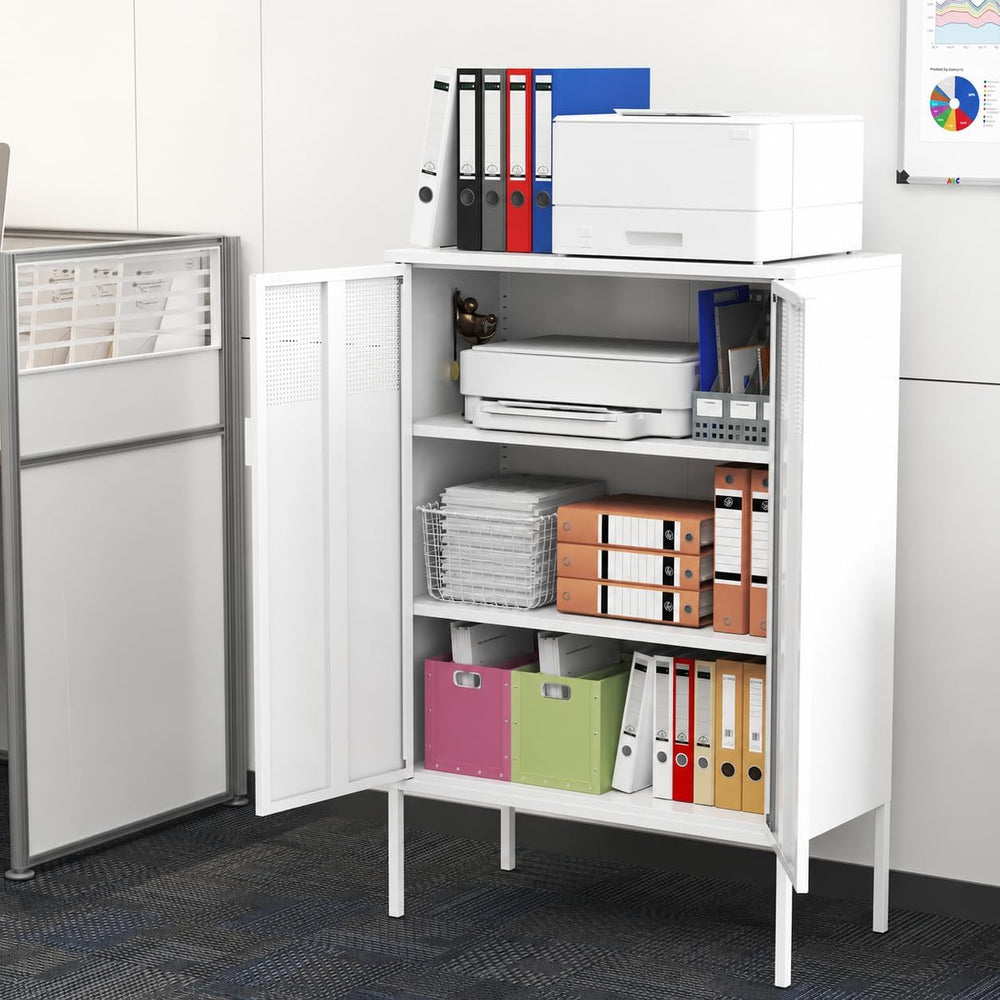 White Metal Storage Cabinet with 2 Doors, 47''H Locker Cabinet