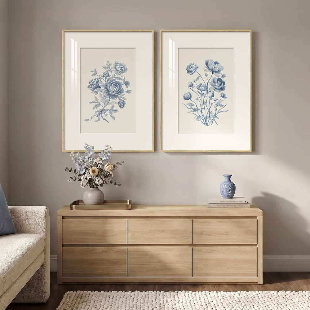 Framed Vintage Blue Floral Botanical Wall Art for Living Room, 2 Piece