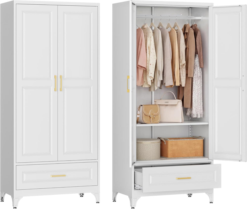 71" Tall Wardrobe Closet with Doors and Adjustable Shelves, White