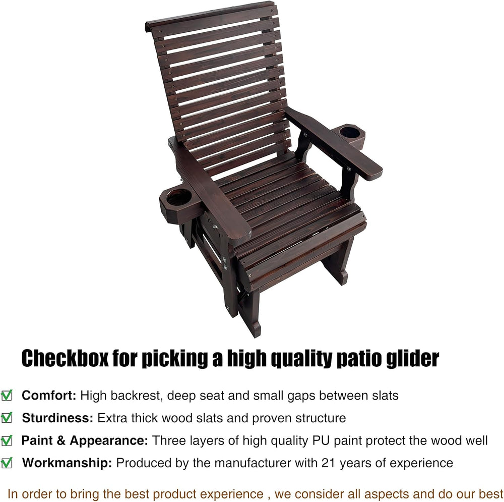 Fortune Candy Wooden Glider Chair, Cup Holders, Chocolate Tone, 1-Seater