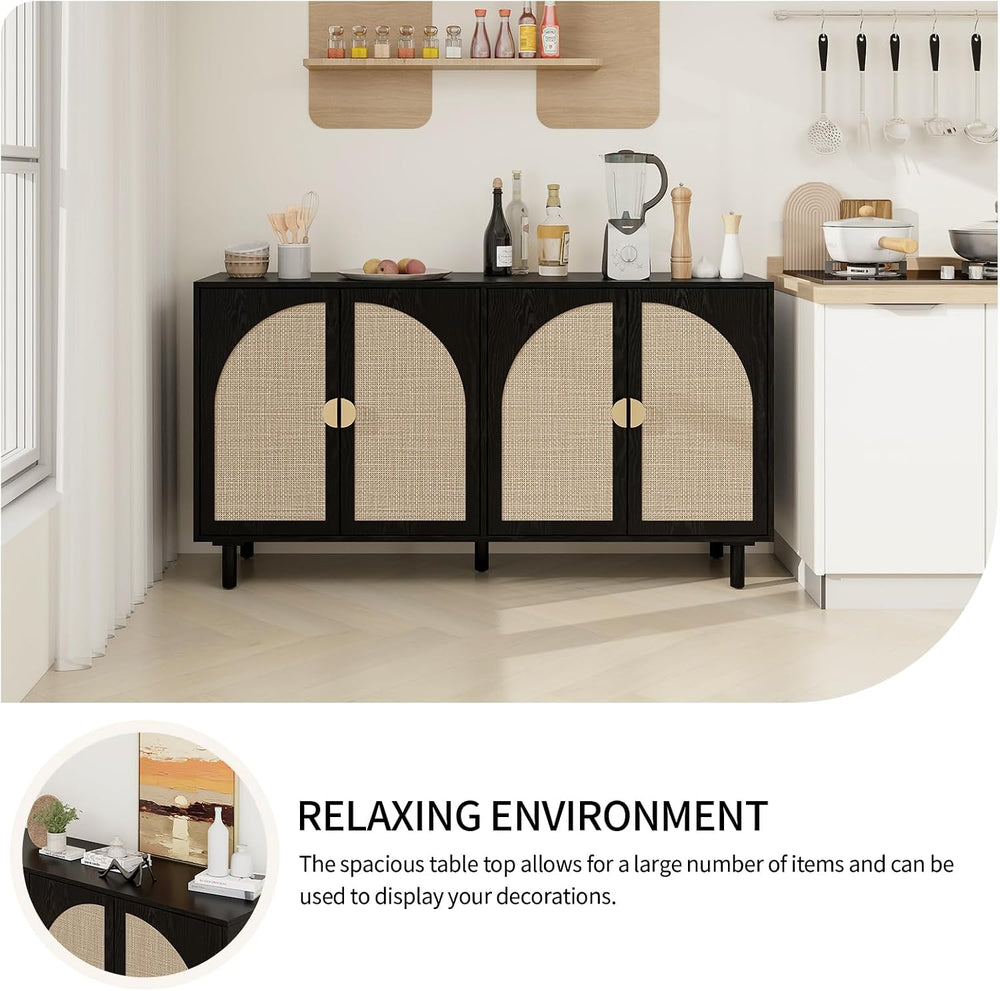 Sideboard Buffet Cabinet with Storage - Rattan 4 Door Cabinet, Accent Storage...