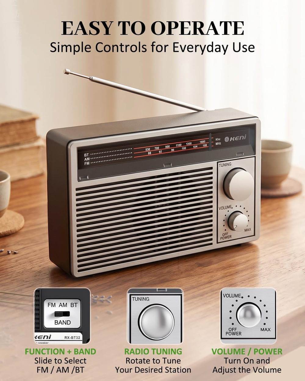 G Keni Portable AM/FM Emergency Radio with Bluetooth, Battery/USB Powered
