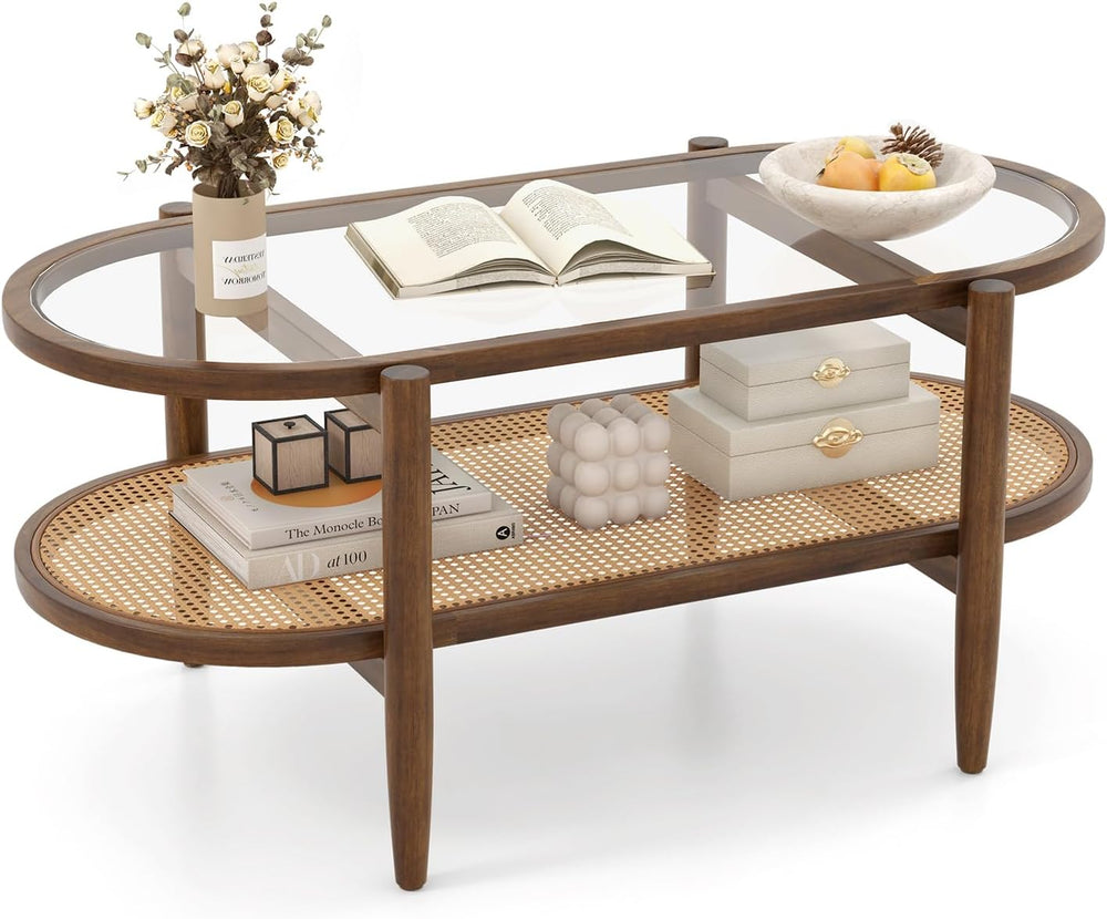 MAT EXPERT Rattan Coffee Table, 2 Tier Boho Oval Living Room Table w/Glass Ta...