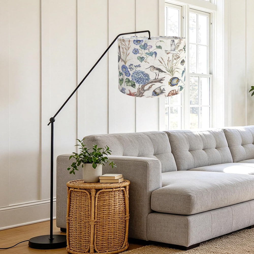 Drum Lampshades, Print Floral Linen Lamp Shade with White Frame