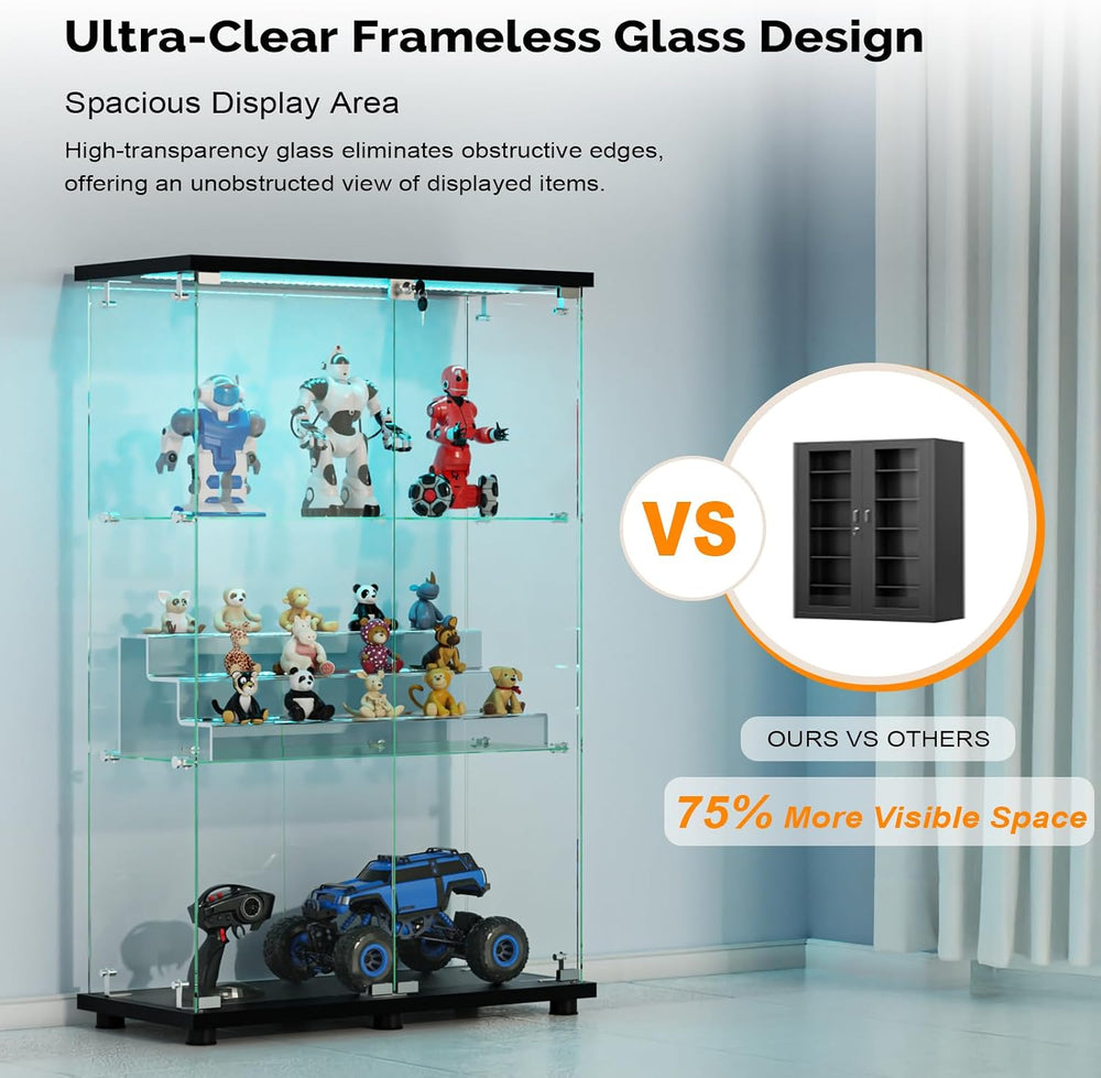 VINGLI Glass Display Cabinet with 3 Shelves, Double Doors and Lock, Floor Sta...