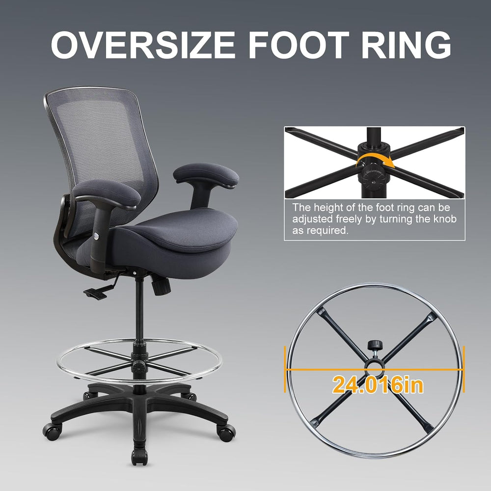 400lbs Wide Mid-Back Office Drafting Chair with Extra Seat Cushion for High S...