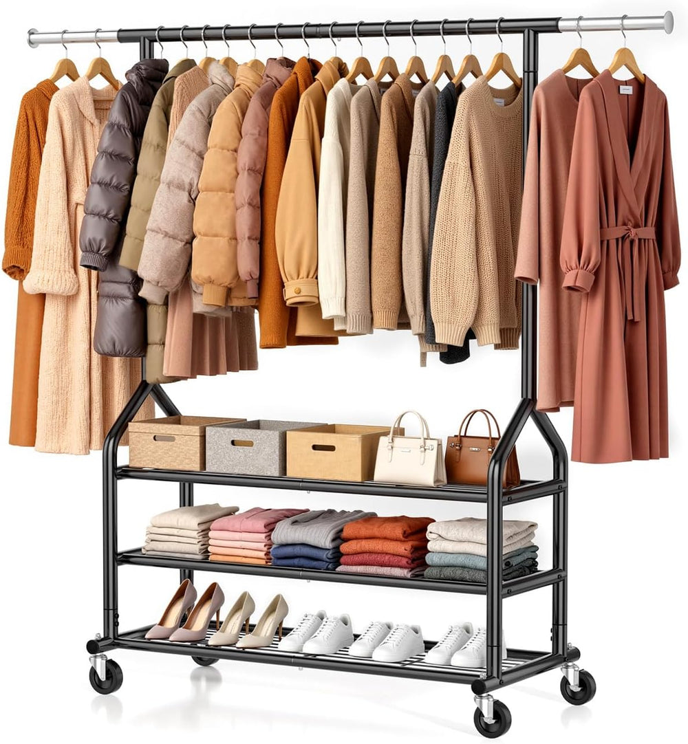 EAGMAK Heavy Duty Clothing Rack, Rolling Clothes Rack with 3 Shelves, Black