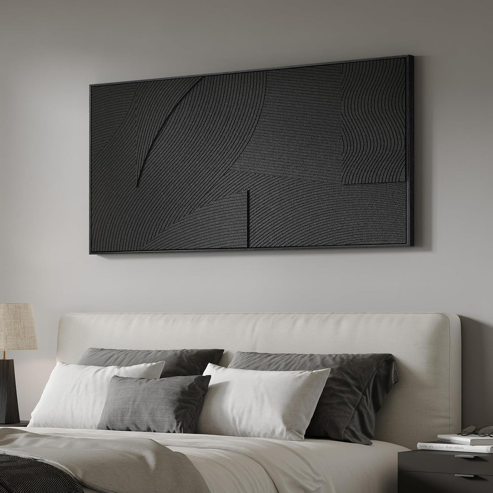 Large Framed 3D Black Abstract Wall Art for Living Room Horizontal 60x30 In