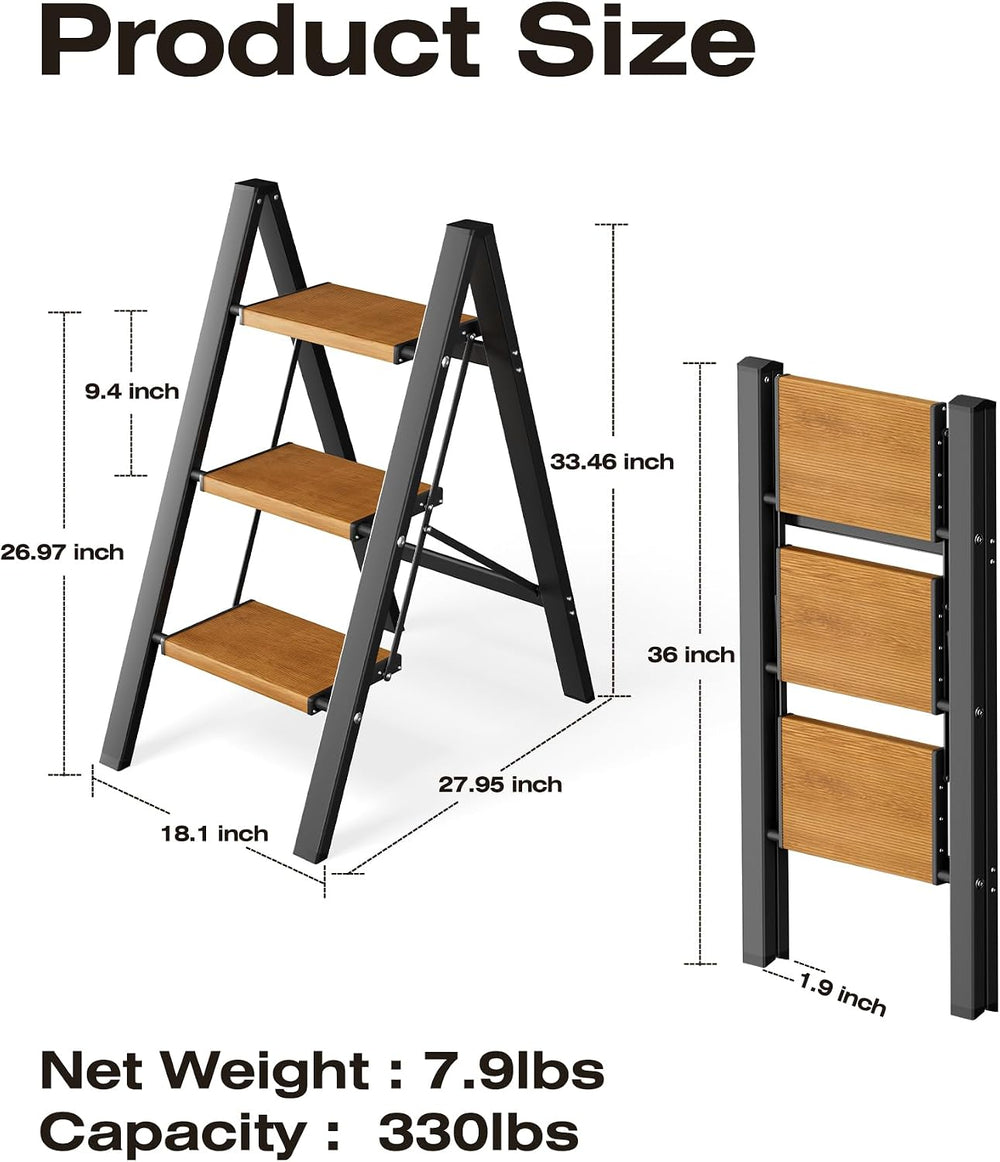 Taranta 3 Step Stool Foldable,Aluminum Step Ladder-BlackWoodgrain