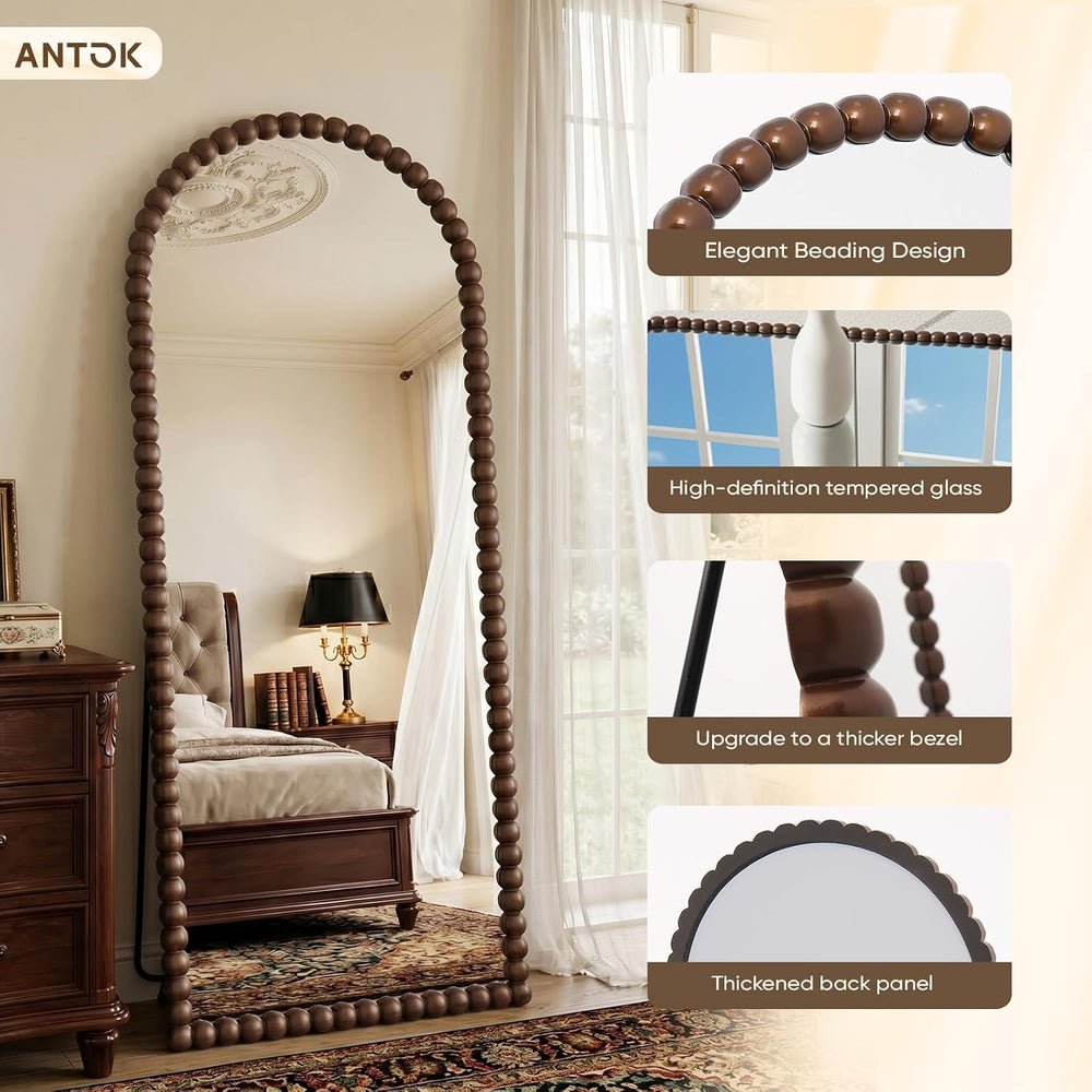 Antok 76" x 34" Arched Full Length Mirror, Antique Beaded Frame Flo...