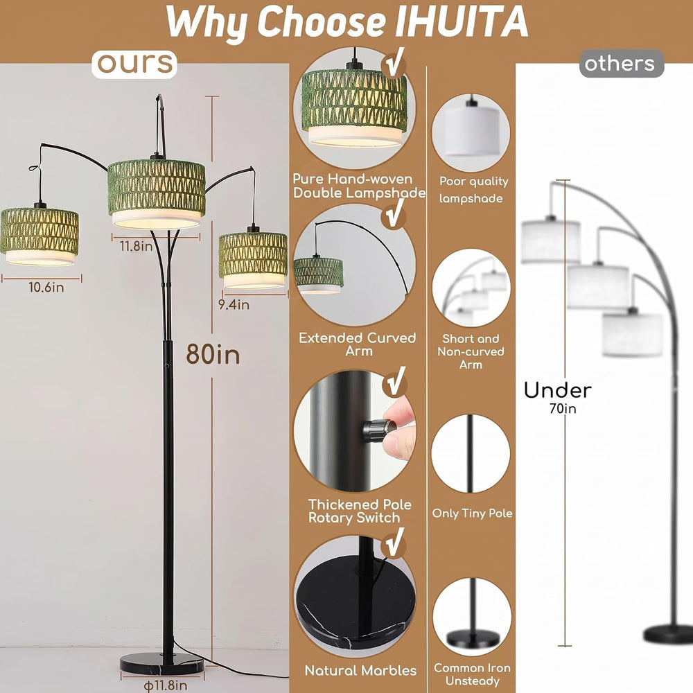 3-Light Arc Rattan Floor Lamp for Living Room,80'' Boho Tree Lamp