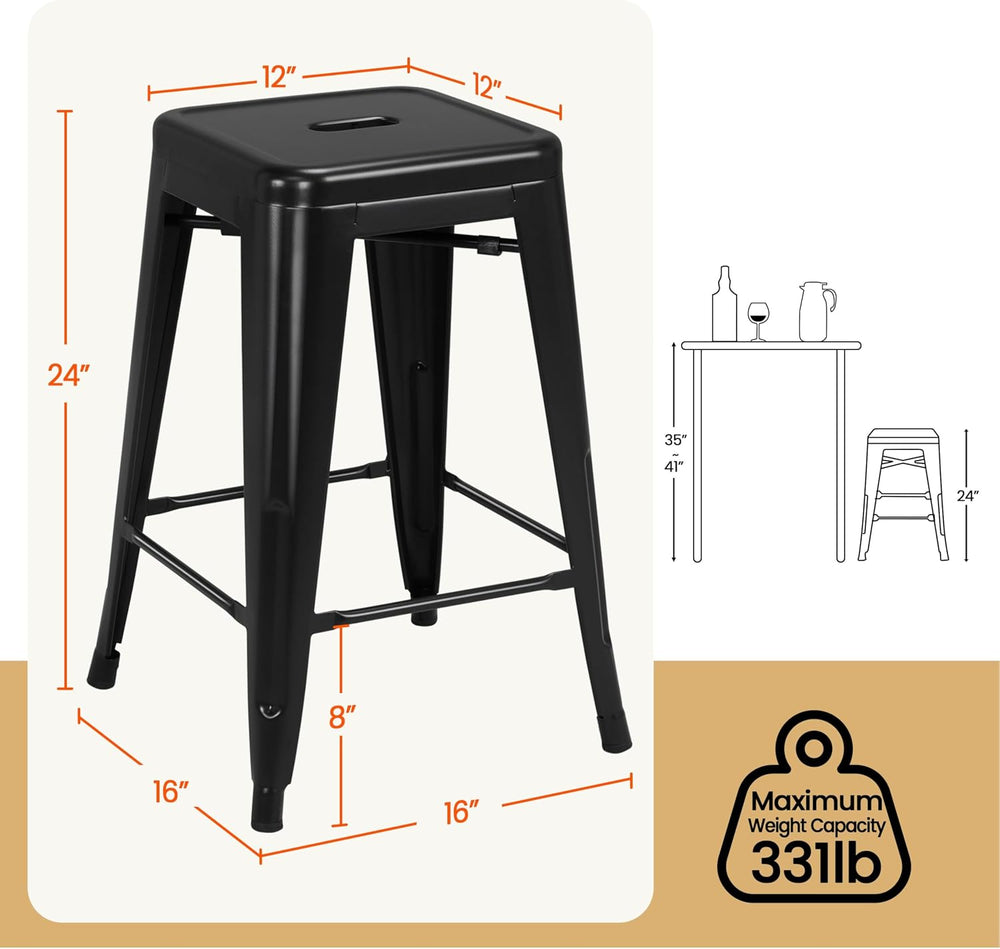 Yaheetech 24 Inch Metal Bar Stools Set of 4, Stackable Barstools, Black