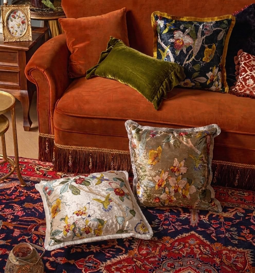 GUMAS Original Luxurious Floral and Bird Print Velvet Throw Pillow Cover, 18x...