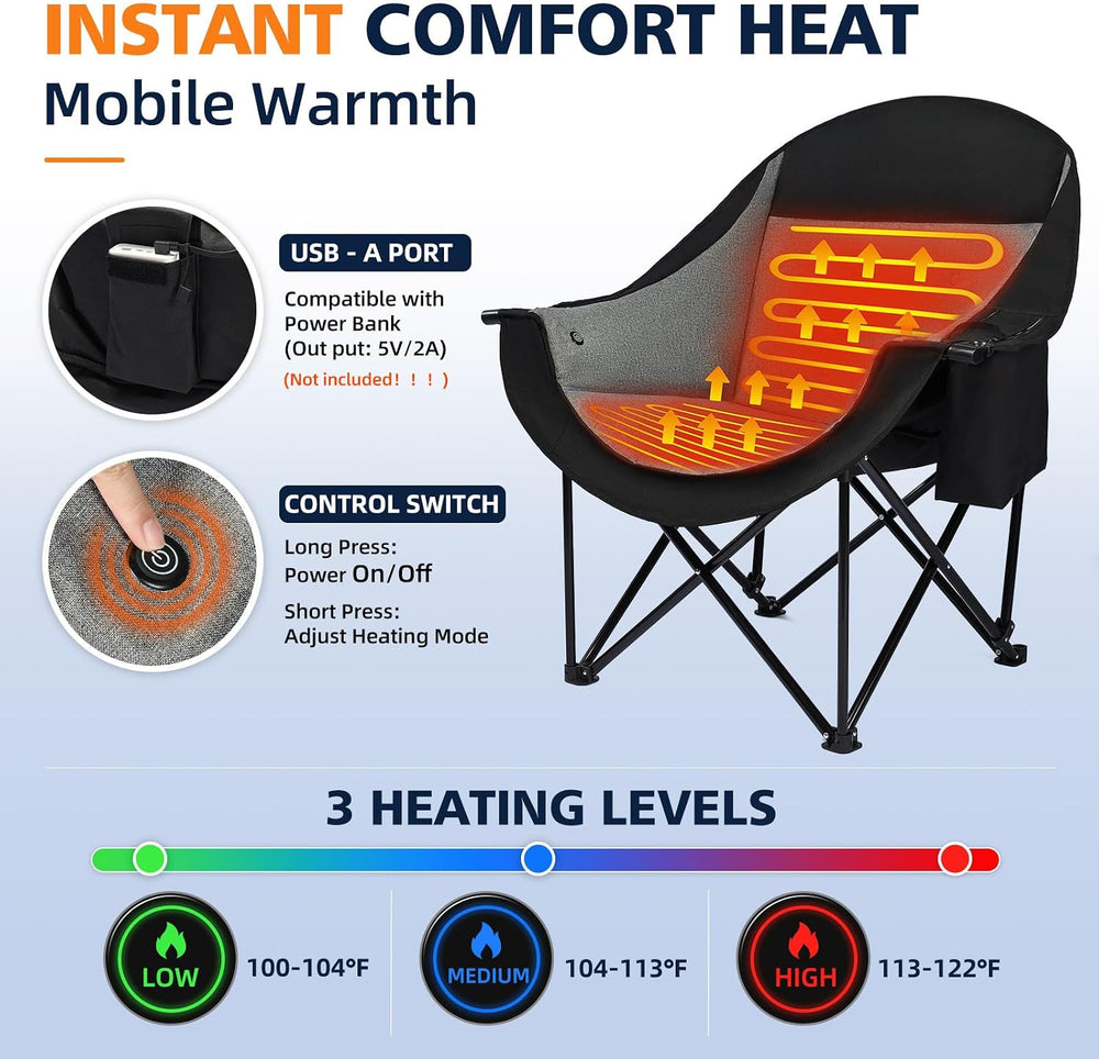 Heated Camping Chair - Oversized Outdoor Folding Chair for Adults