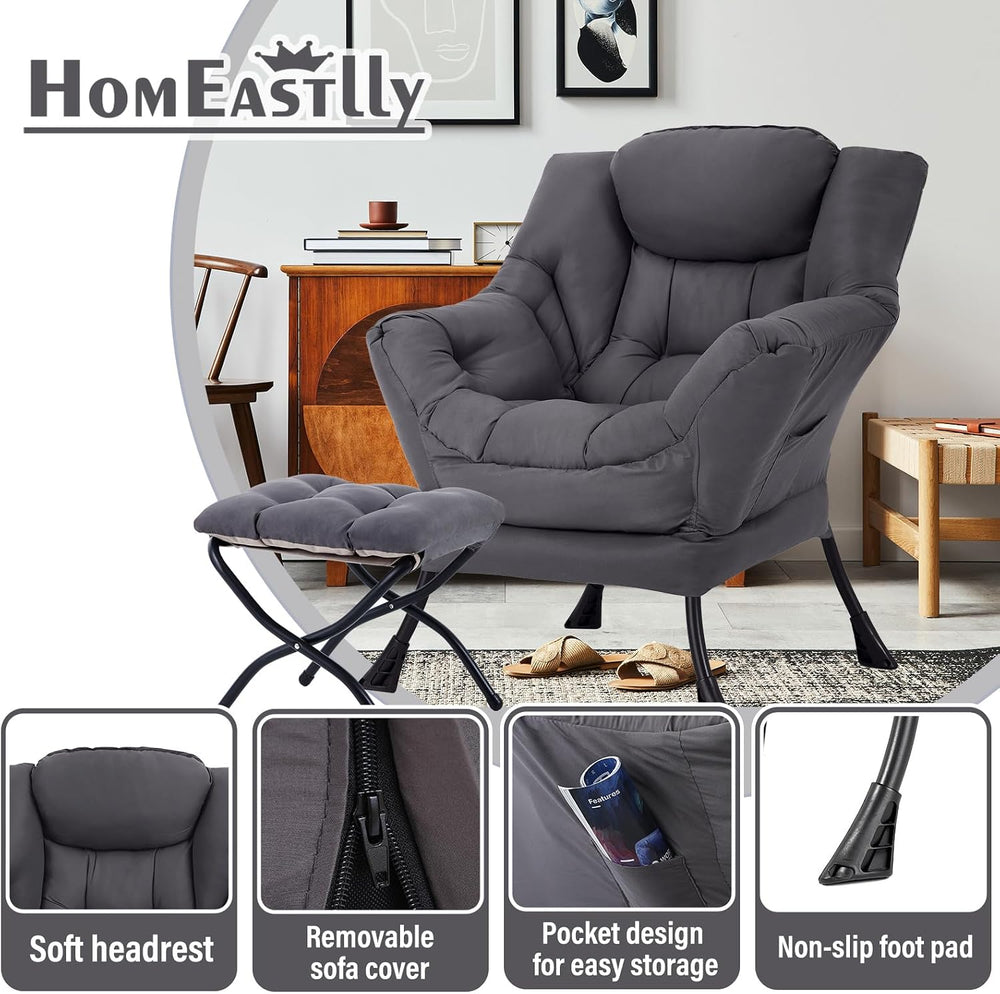 Lazy Chair with Ottoman, Soft Comfy Chair for Bedroom, Grey