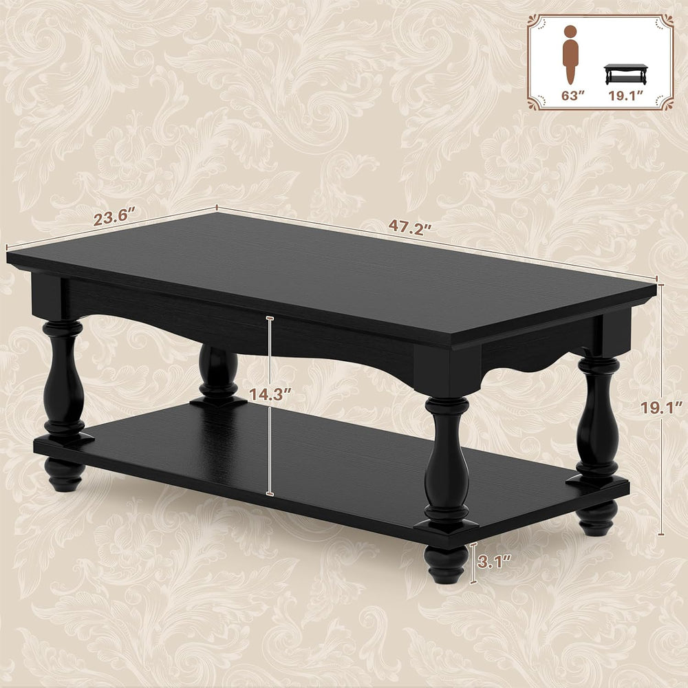 Besiost 47" Farmhouse Coffee Table with 2-Tier Storage, Black