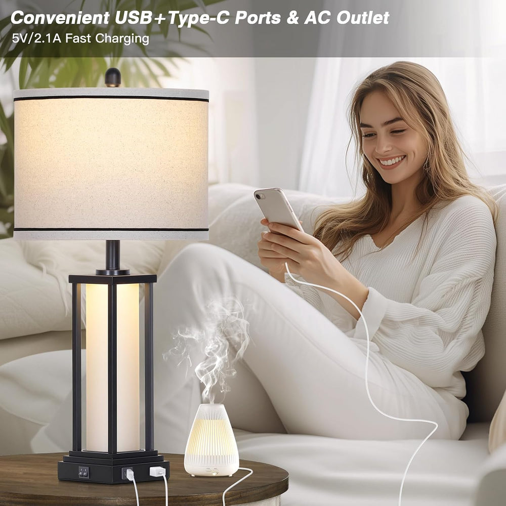 27" Tall Vintage Table Lamp Set of 2 with USB C+A & Outlet,Black Ind...