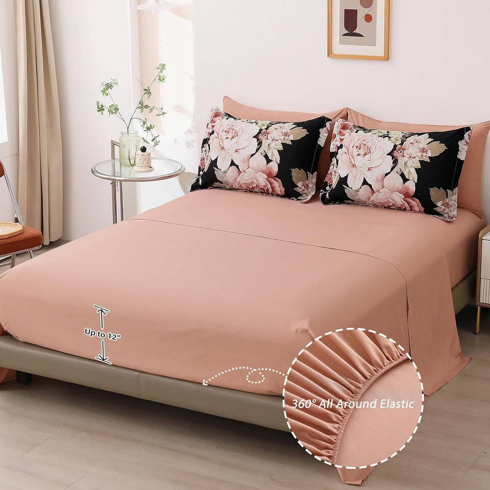 Floral Comforter Set California King Size, Black Pink Bed in a Bag