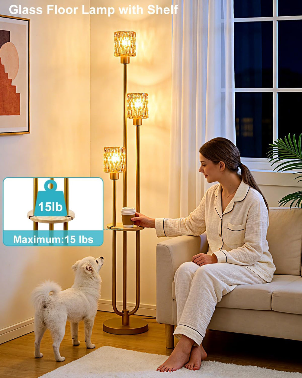 62IN Gold Floor Lamp with Amber Glass Shade 3-Lights Mid-Century Modern Farmh...